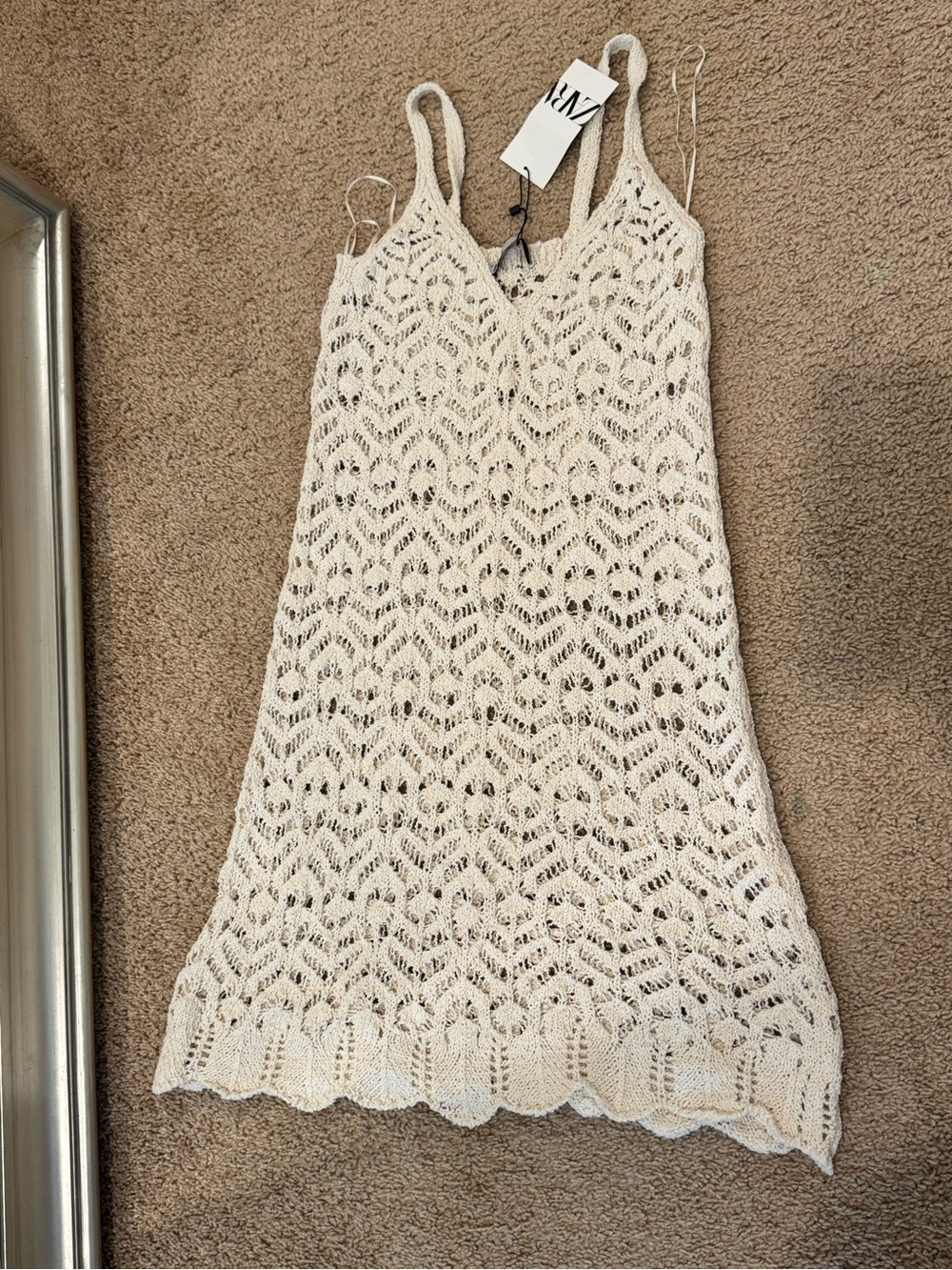 ZARA Cream Crochet Mini Slip Dress - V-Neck Spaghetti Straps